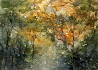 a watercolor painting of trees in a forest